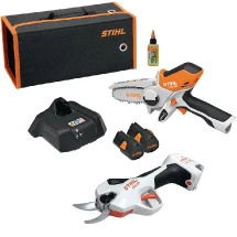 Pack Stihl gamme AS comprend 1 scie de jardin GTA 26 avec 1 batterie AS 2 et 1 chargeur AL 1 et 1 sécateur ASA 20 avec 1 batterie AS 2